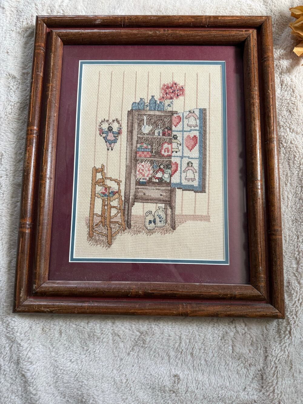 Vintage Hand Crossvstitch Needlework Framed matted in Glass